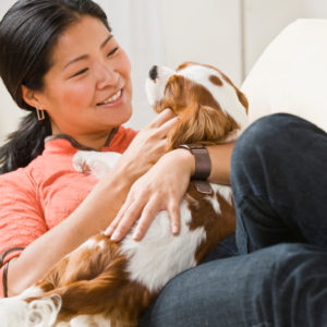 Woman cuddling her brown and white dog on the couch