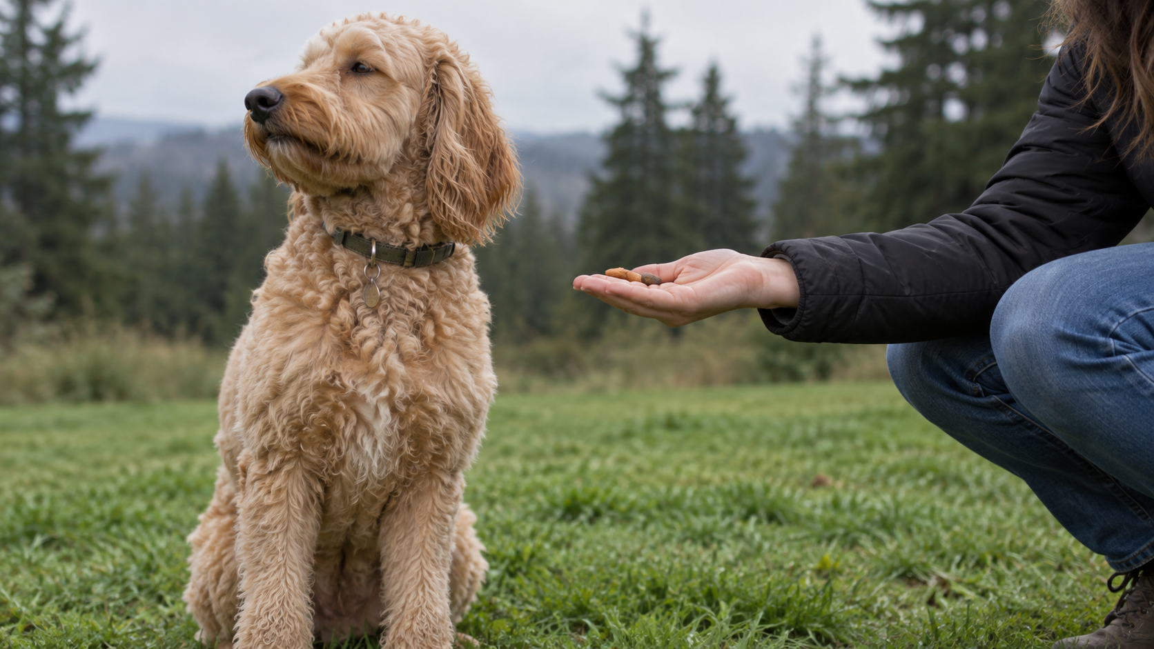 Labradoodle turning away from a treat