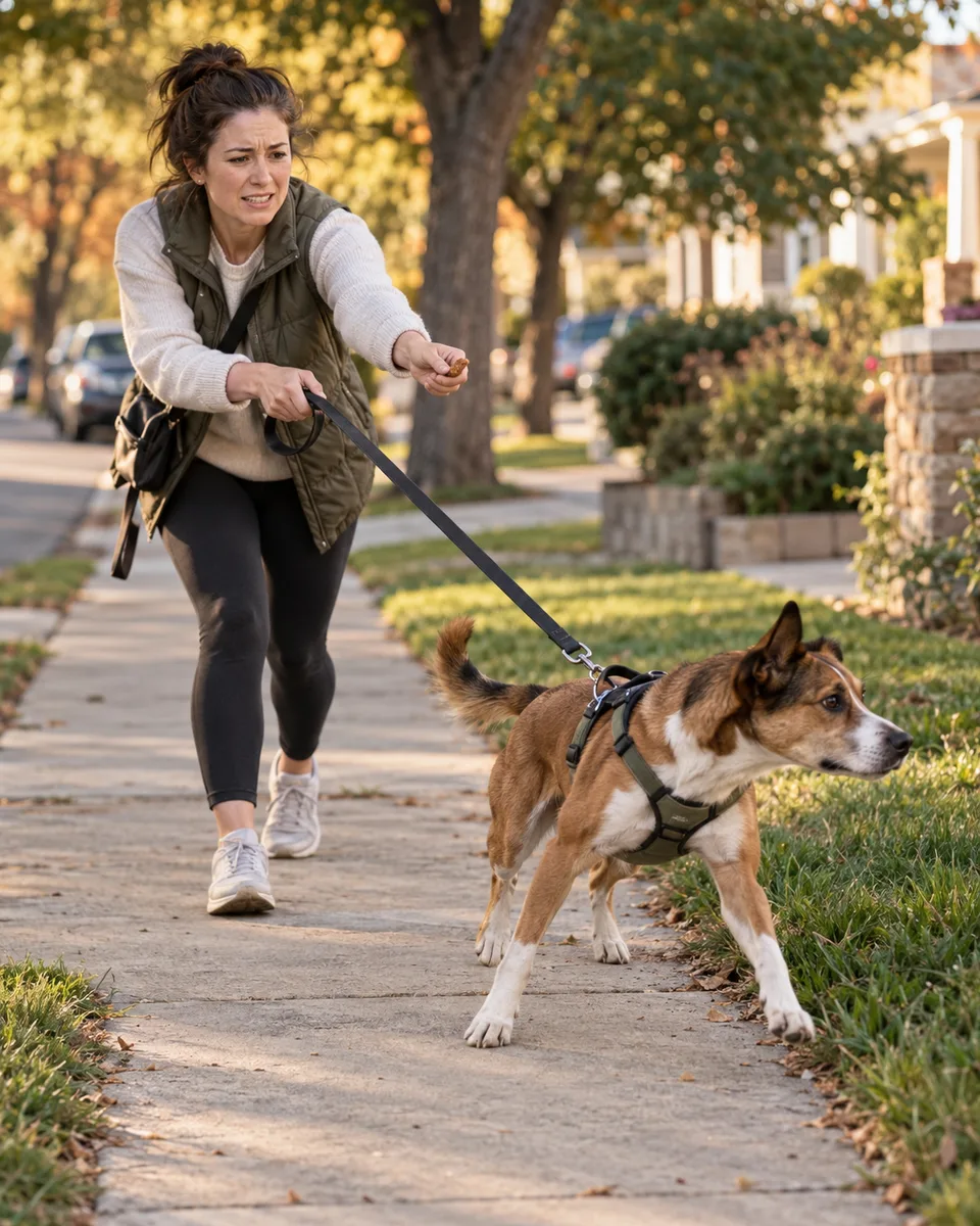 Dog owner being pulled on a tight leash while holding out a treat as the dog ignores her